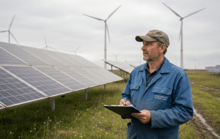 Ein Ingenieur überprüft eine Anlage zur Gewinnung von Wind- und Solarenergie.