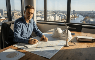 Ein Projektleiter markiert auf einer Karte den geplanten Standort eines Windparks.