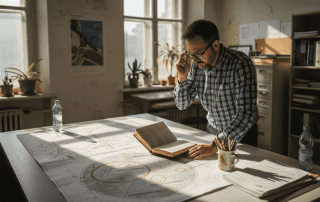 Ein Projektleiter prüft am Schreibtisch die Pläne für Wind- und Solaranlagen.