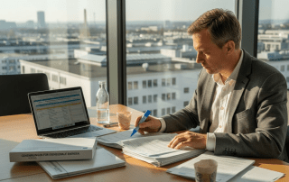 Der Projektleiter prüft die energierechtlichen Unterlagen.