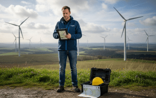 Ingenieur prüft mit Tablet die Anlagen eines laufenden Windparks