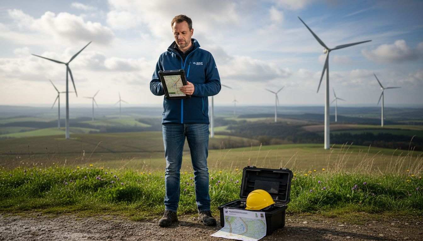 1772531315380_image Ingenieur prüft mit Tablet die Anlagen eines laufenden Windparks