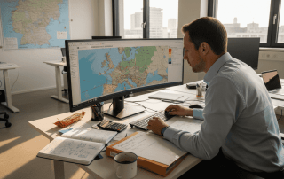 Eine Analystin wertet am Schreibtisch aktuelle Daten zur Windenergie aus.