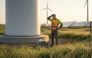Ein Techniker überprüft Windkraftanlagen und Solarpanels vor Ort.