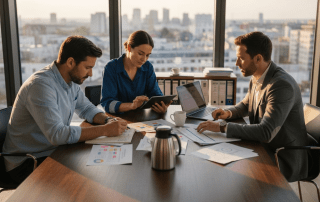 Ein Team sitzt gemeinsam am Tisch und diskutiert ein Projekt rund um erneuerbare Energien.