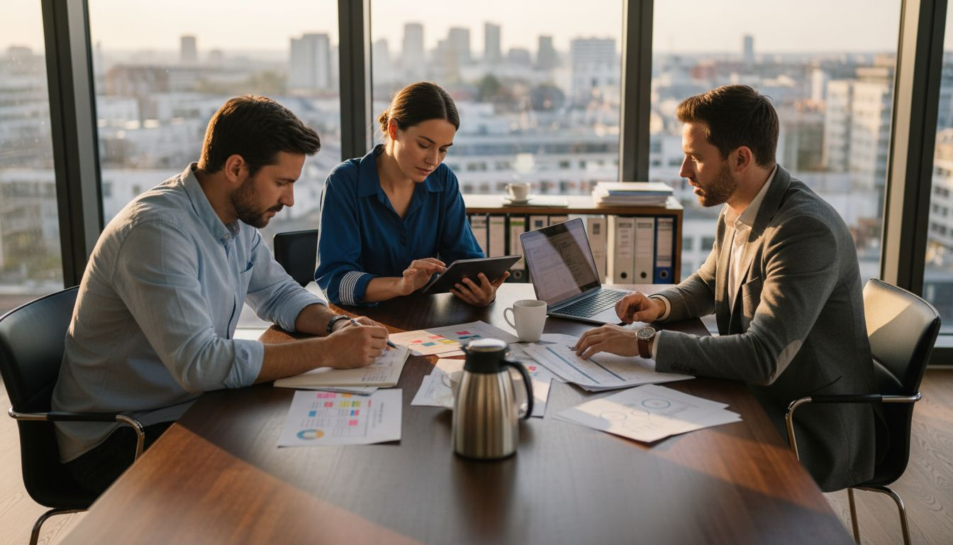 Ein Team sitzt gemeinsam am Tisch und diskutiert ein Projekt rund um erneuerbare Energien.