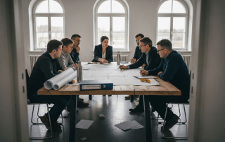 Das Projektteam bespricht gemeinsam die Baupläne für den Windpark.