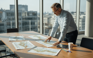 Ein Projektleiter prüft die Lagepläne für eine Anlage zur Nutzung erneuerbarer Energien.