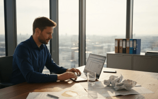 Ein Projektentwickler analysiert Energiedaten am Schreibtisch im Büro.