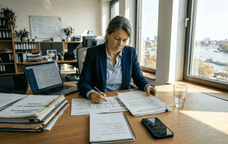 Eine Projektleiterin nimmt die Unterlagen zur Energiewende genau unter die Lupe.