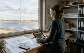 Eine Ingenieurin analysiert Geodaten zur Planung eines Energieprojekts.