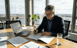 Ein Investor prüft Unterlagen zu Investitionen in Wind- und Solarenergie.