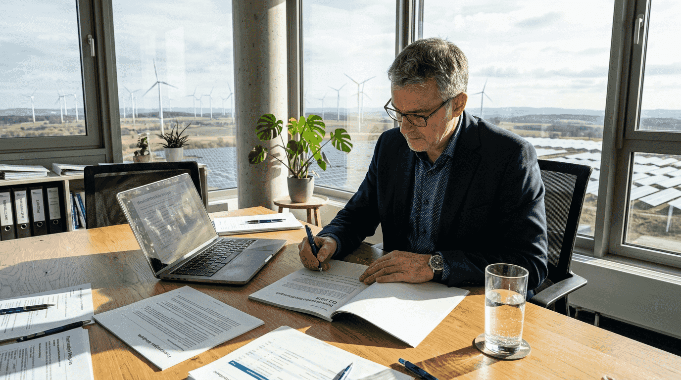 1773644378946_Investor-reviewing-wind-solar-investment-documents Ein Investor prüft Unterlagen zu Investitionen in Wind- und Solarenergie.