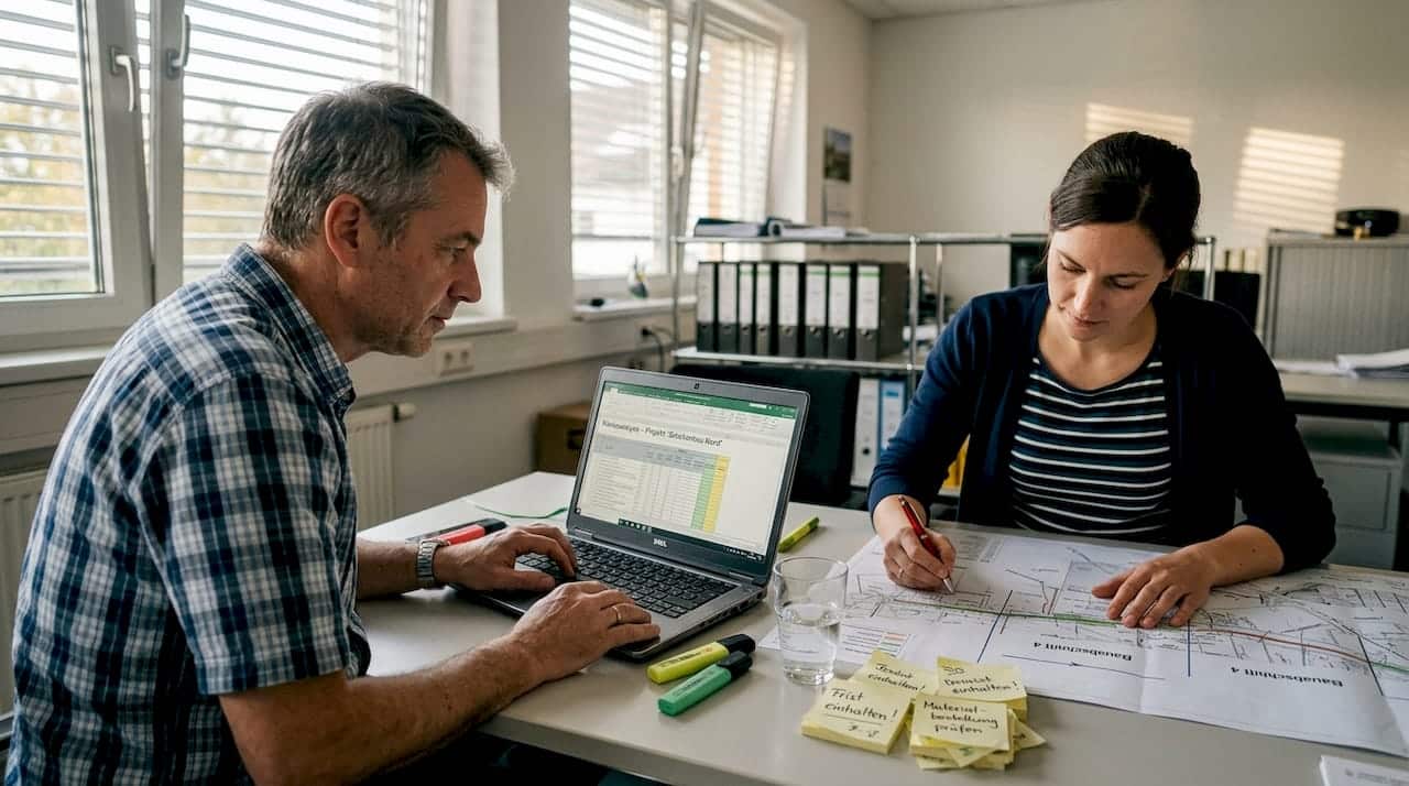 Das Projektteam geht gemeinsam die Unterlagen zum Risikomanagement durch.