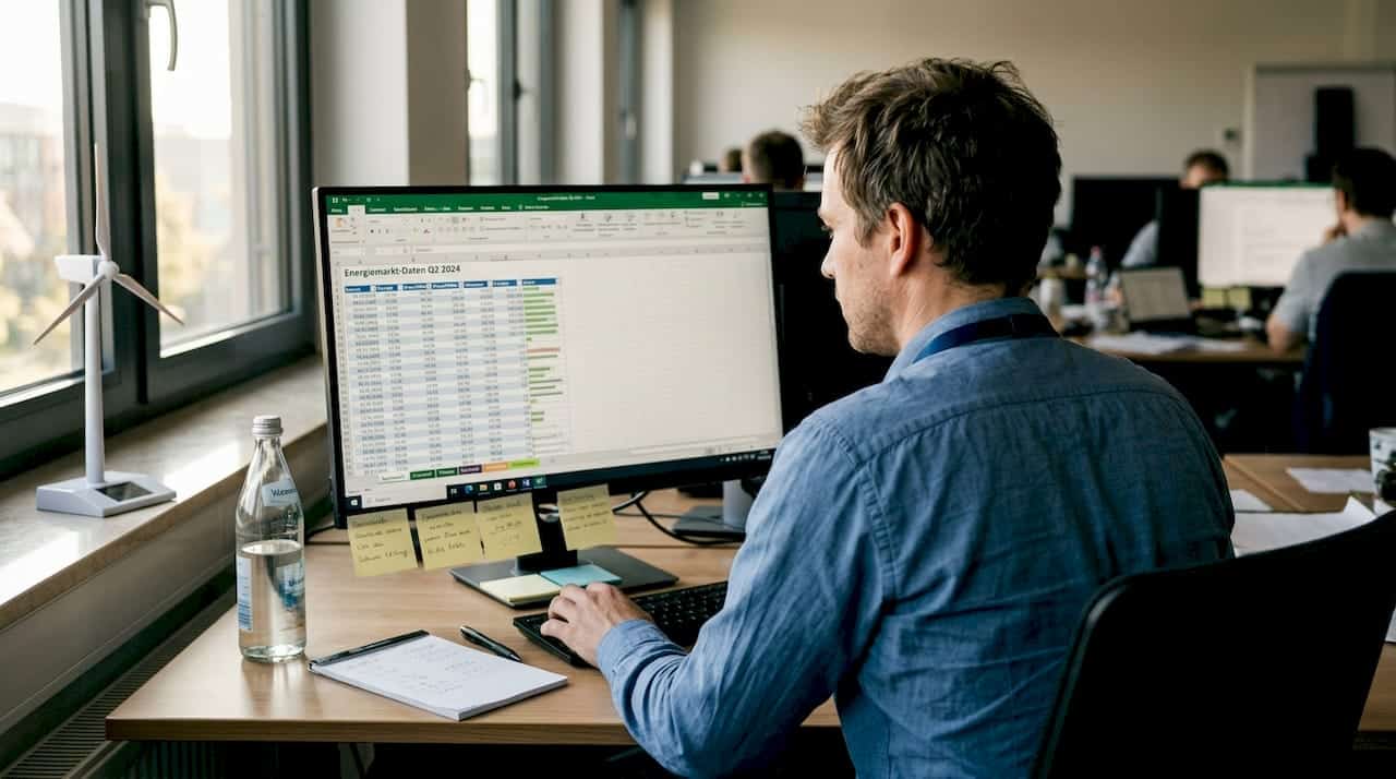 Ein Projektmanager analysiert Marktdaten aus dem Energiesektor an seinem Schreibtisch.