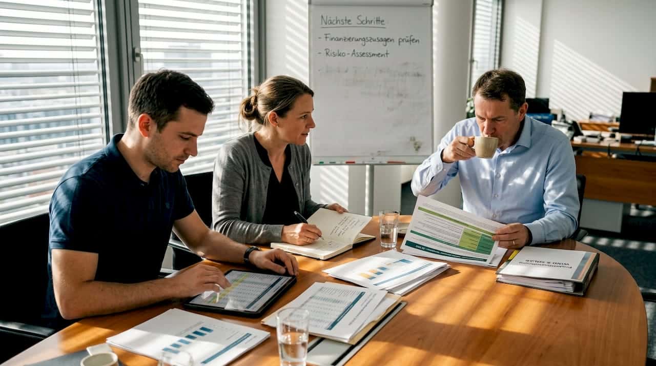 1775192692371_Team-reviewing-energy-financing-meeting Das Team bespricht die Ergebnisse der Sitzung zur Energiefinanzierung.