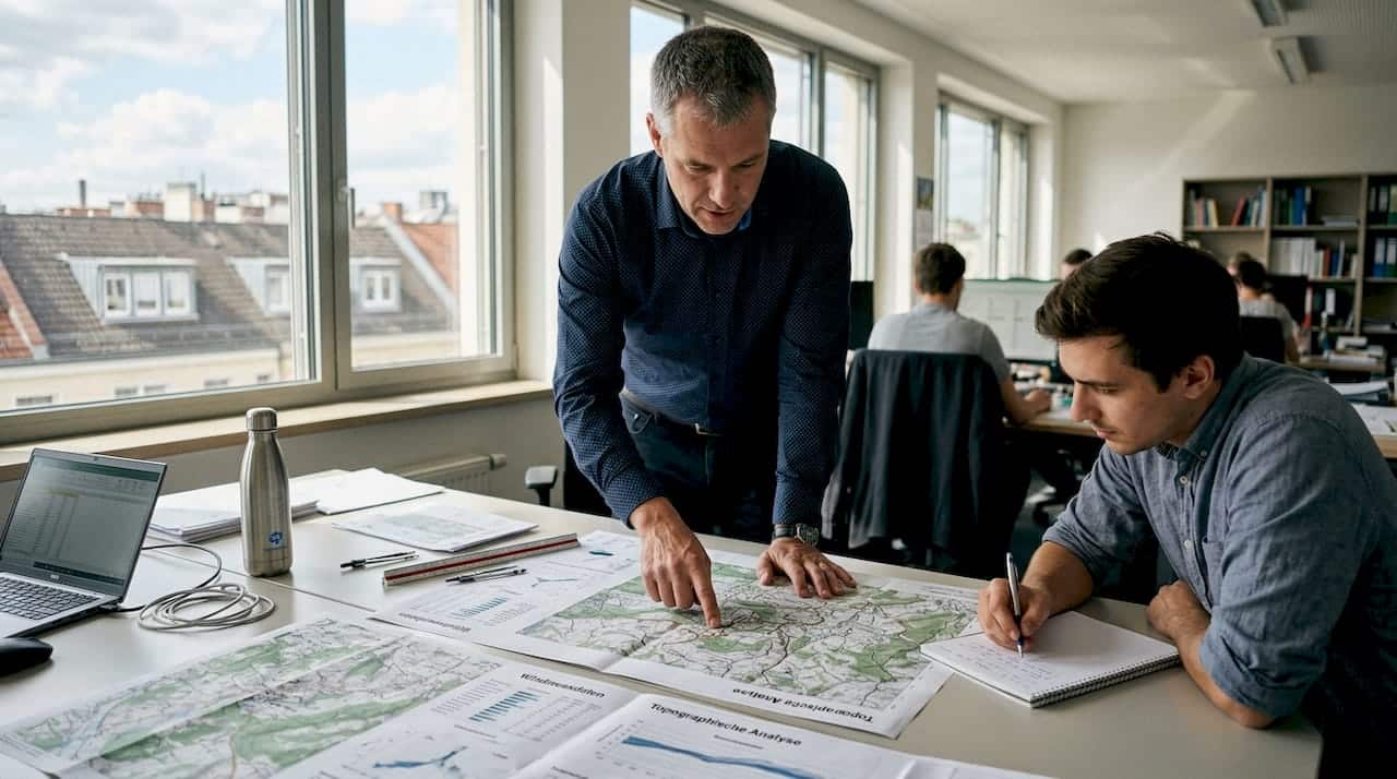 1775377674182_Wind-and-solar-planning-team-reviewing-site-maps Das Planungsteam für Wind- und Solaranlagen prüft aktuell die Lagepläne der potenziellen Standorte.