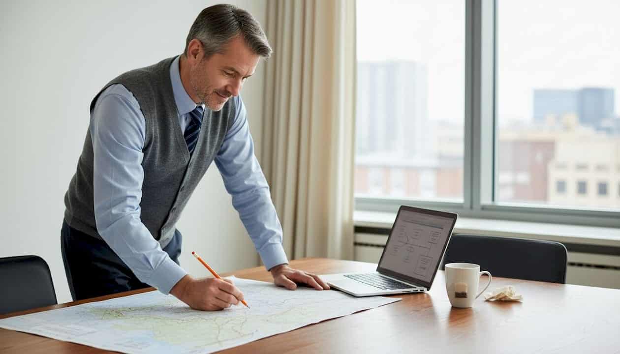 Ein Ingenieur entwirft einen Windpark am Besprechungstisch.