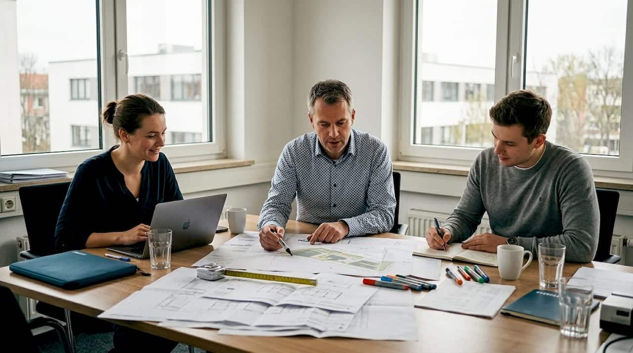 Ein Projektleiter für Solarparks stimmt im Büro gemeinsam mit seinem Team die nächsten Schritte ab.