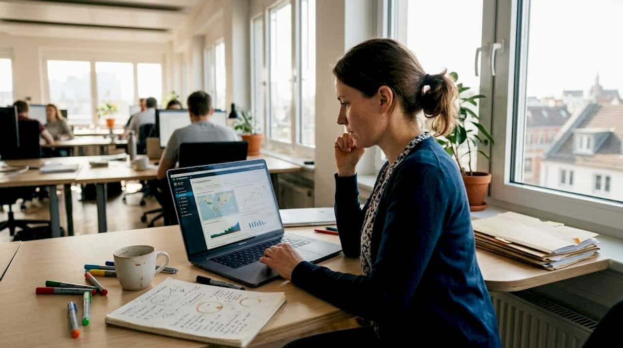 Eine Ingenieurin entwickelt am Schreibtisch innovative Lösungen für eine Energieplattform.