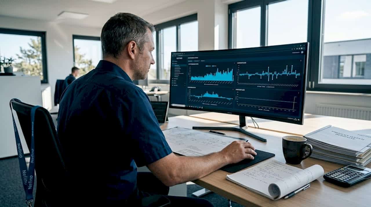 Ein Ingenieur analysiert am Schreibtisch die Ergebnisse seiner Simulationen.