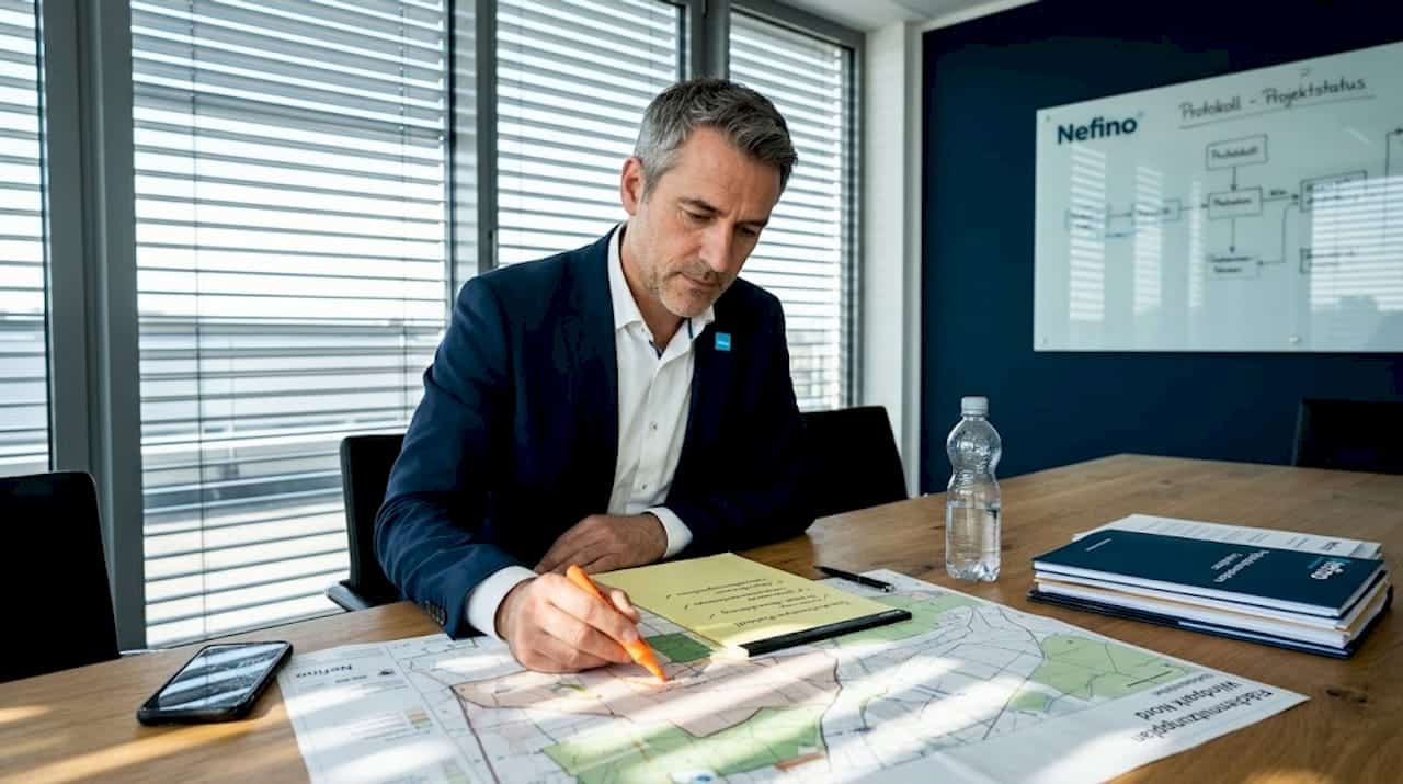 1777167864965_Manager-reviewing-GIS-solar-site-maps-1 Ein Projektleiter prüft mithilfe von GIS-Karten die Standorte für Solaranlagen.