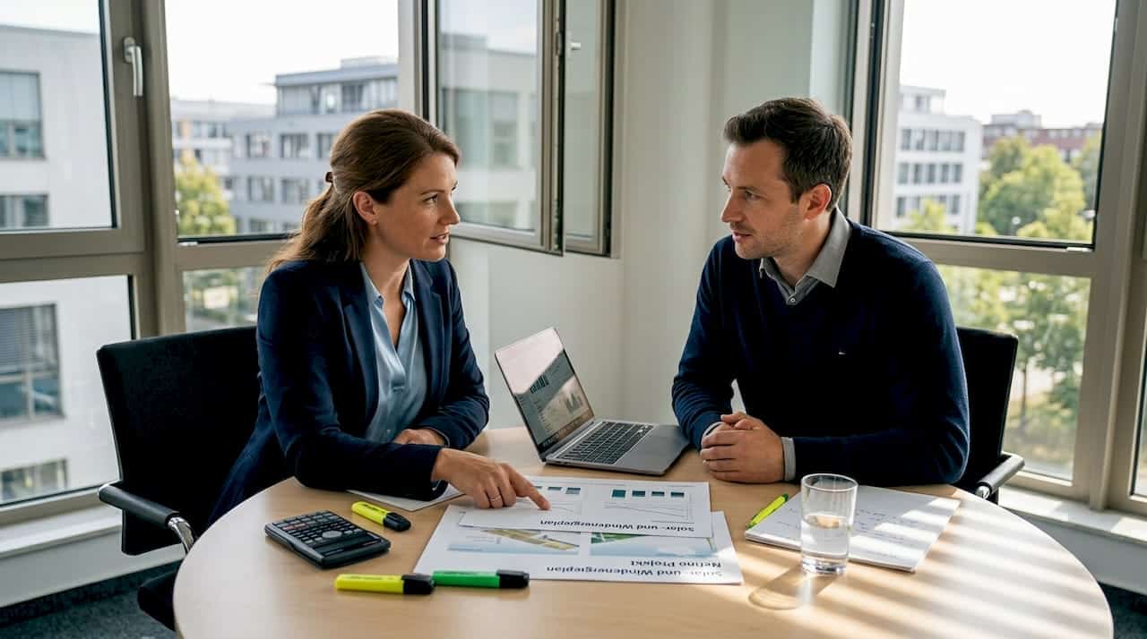 1777363430871_Team-diskutiert-Energieplan-in-hellem-Buro In einem lichtdurchfluteten Büro bespricht das Team gemeinsam den Energieplan.