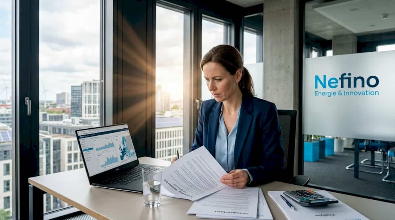 Eine Energieexpertin nimmt im Büro einen PPA-Vertrag genau unter die Lupe.