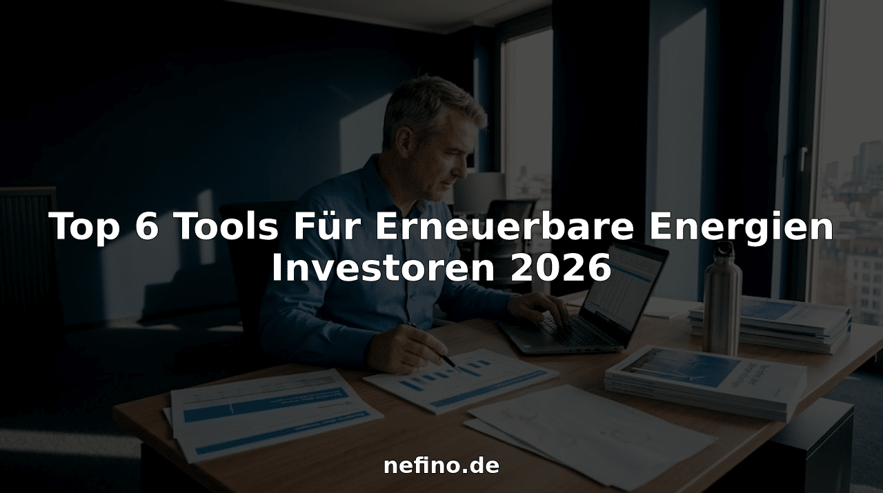 Ein Investor verschafft sich am Schreibtisch einen Überblick über verschiedene Werkzeuge und Technologien im Bereich erneuerbare Energien.