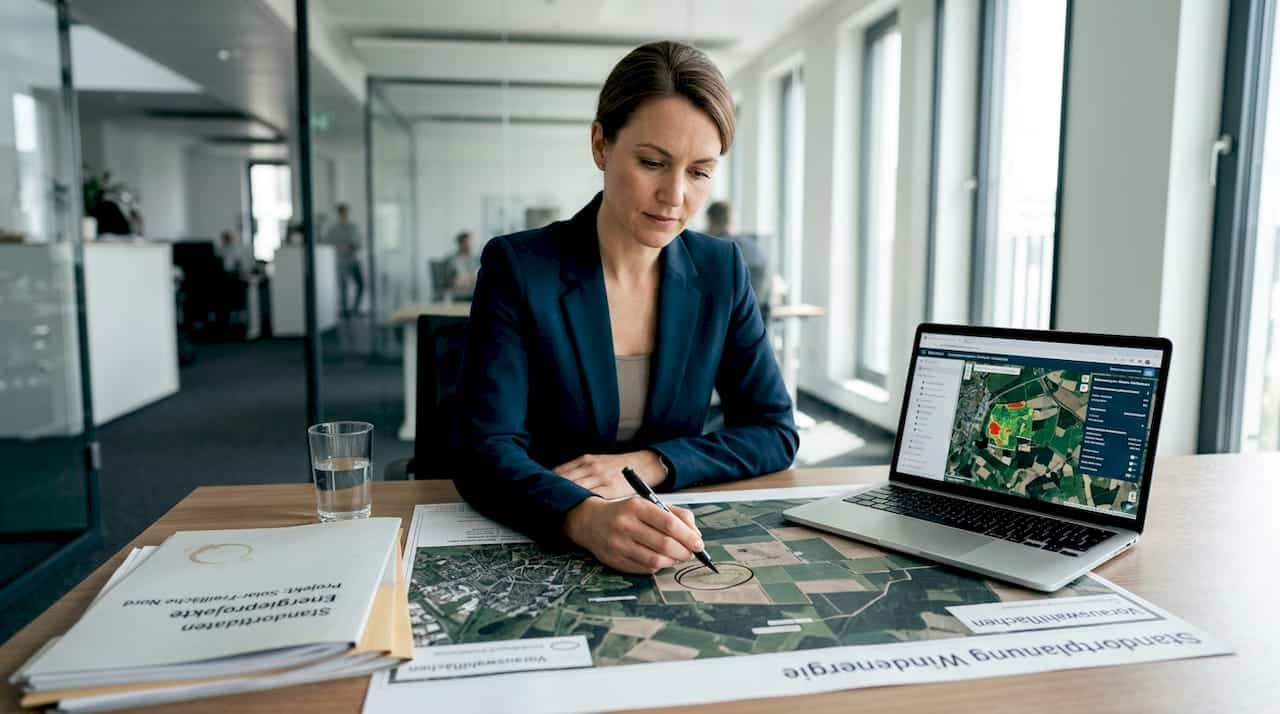 Ein Projektleiter erstellt am Schreibtisch eine Übersicht über verschiedene Energieanlagen.