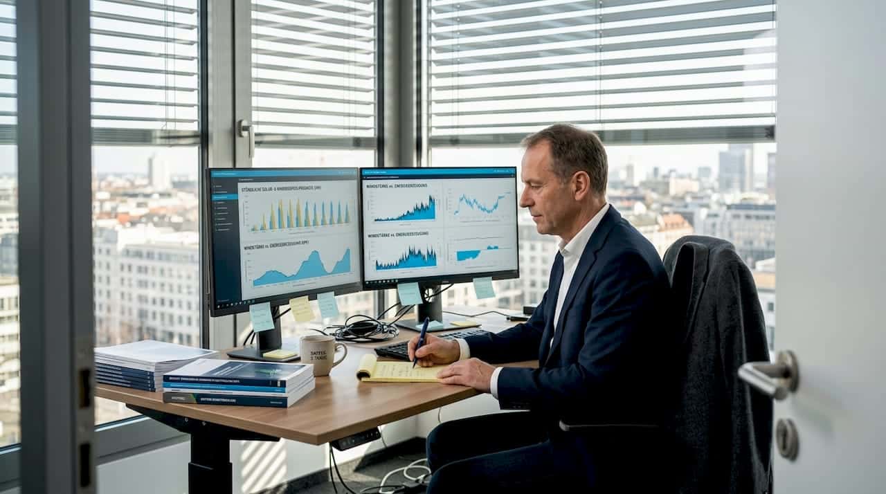 Ein Energieexperte wirft einen Blick auf die aktuellen Prognosen und analysiert die Zahlen an seinem Schreibtisch.
