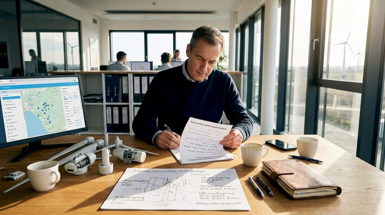 Im Büro arbeitet der Projektleiter an der Planung für das Repowering.