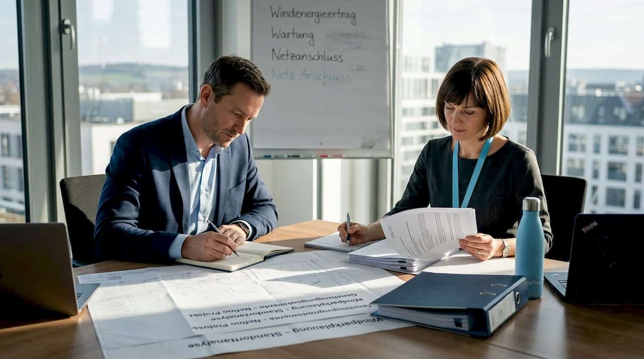 Projektleiter prüfen die Unterlagen von Energieprojekten sorgfältig auf Vollständigkeit und Genauigkeit.