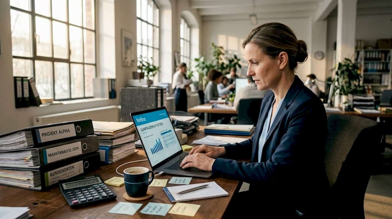 Eine Frau sitzt im Büro und arbeitet am Laptop, während sie sich mit verschiedenen Unterlagen beschäftigt.