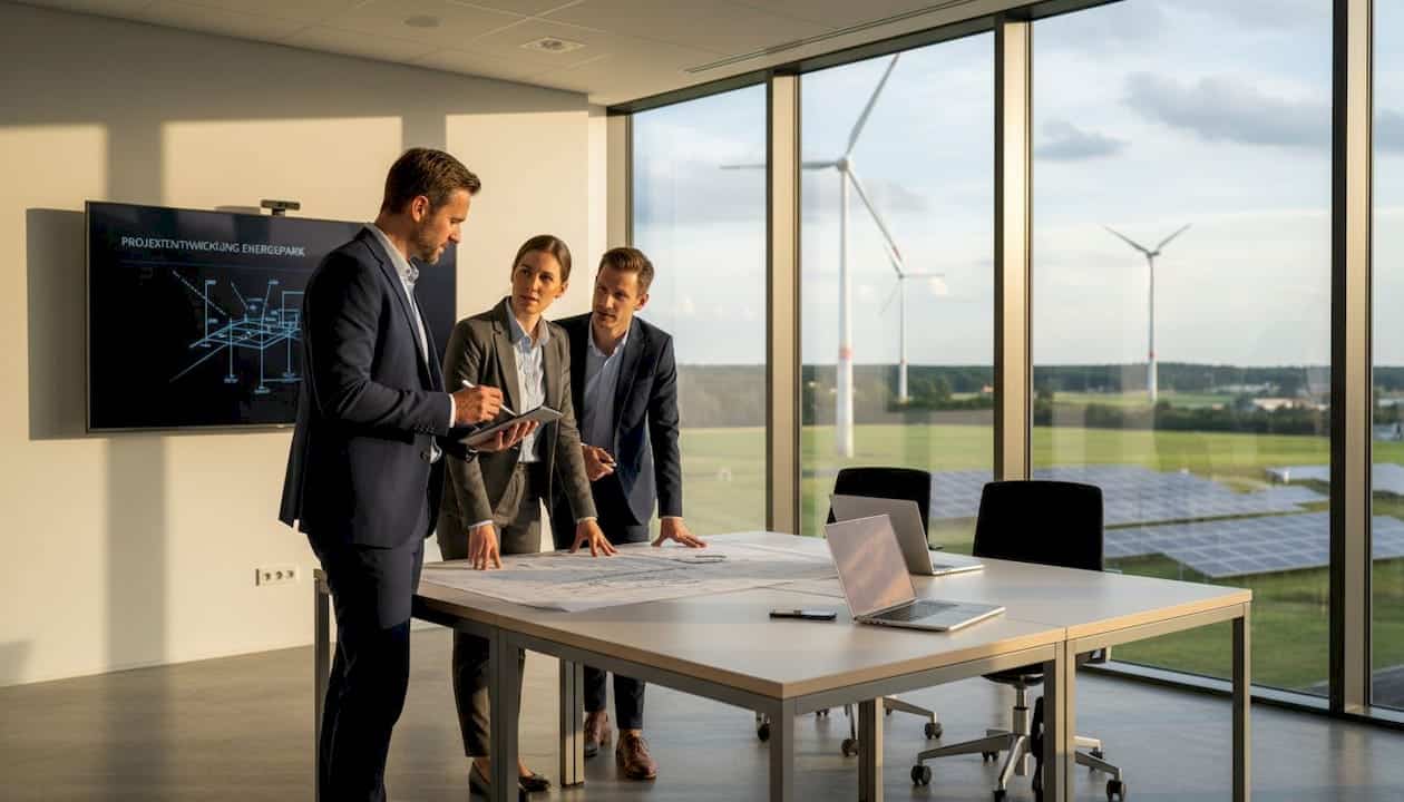 Im Büro arbeitet das Projektteam an der Planung neuer Wind- und Solarenergieanlagen.