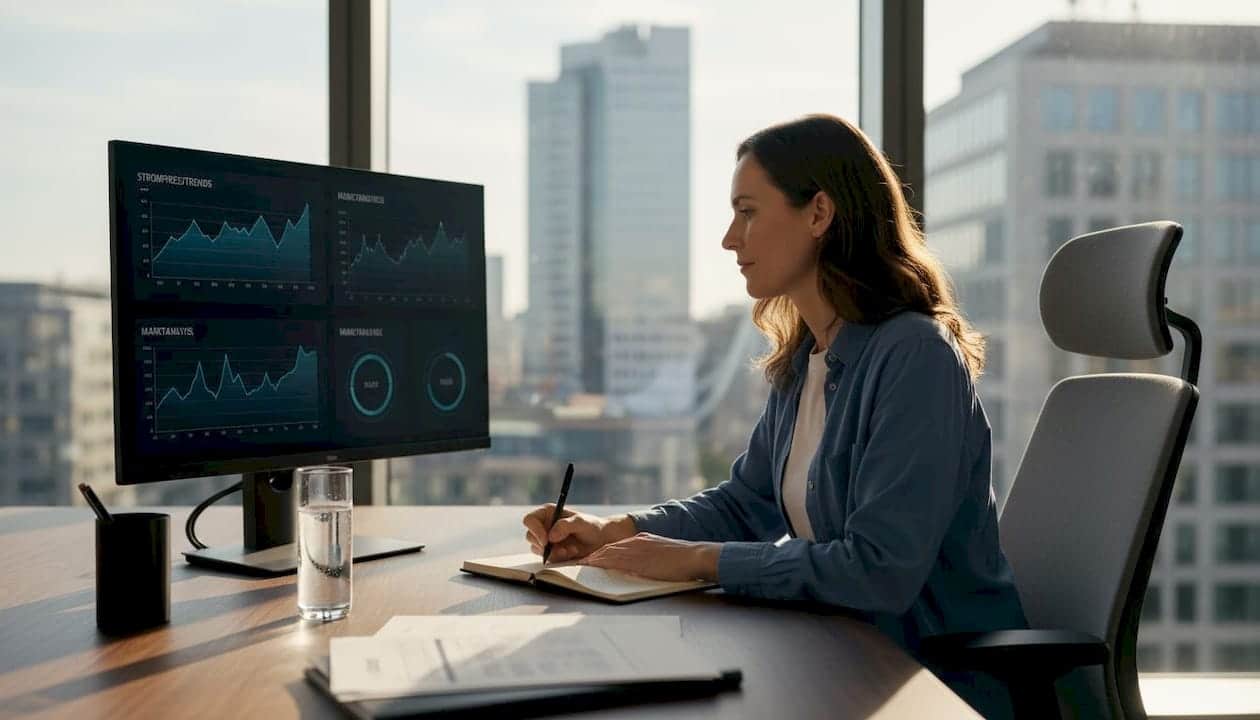 Eine Energieexpertin hält am Schreibtisch ihre Einschätzungen zu Markttrends fest.