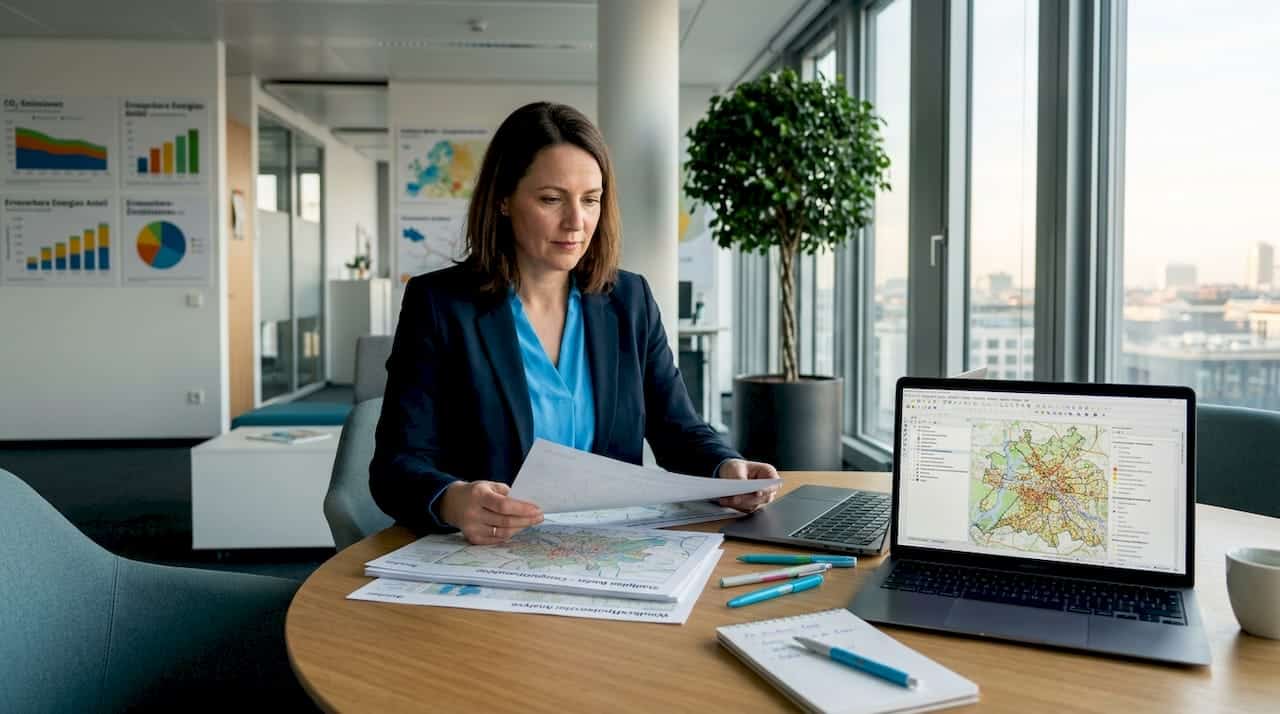 Ein Manager prüft Karten, um das Energiepotenzial eines Gebiets einzuschätzen.