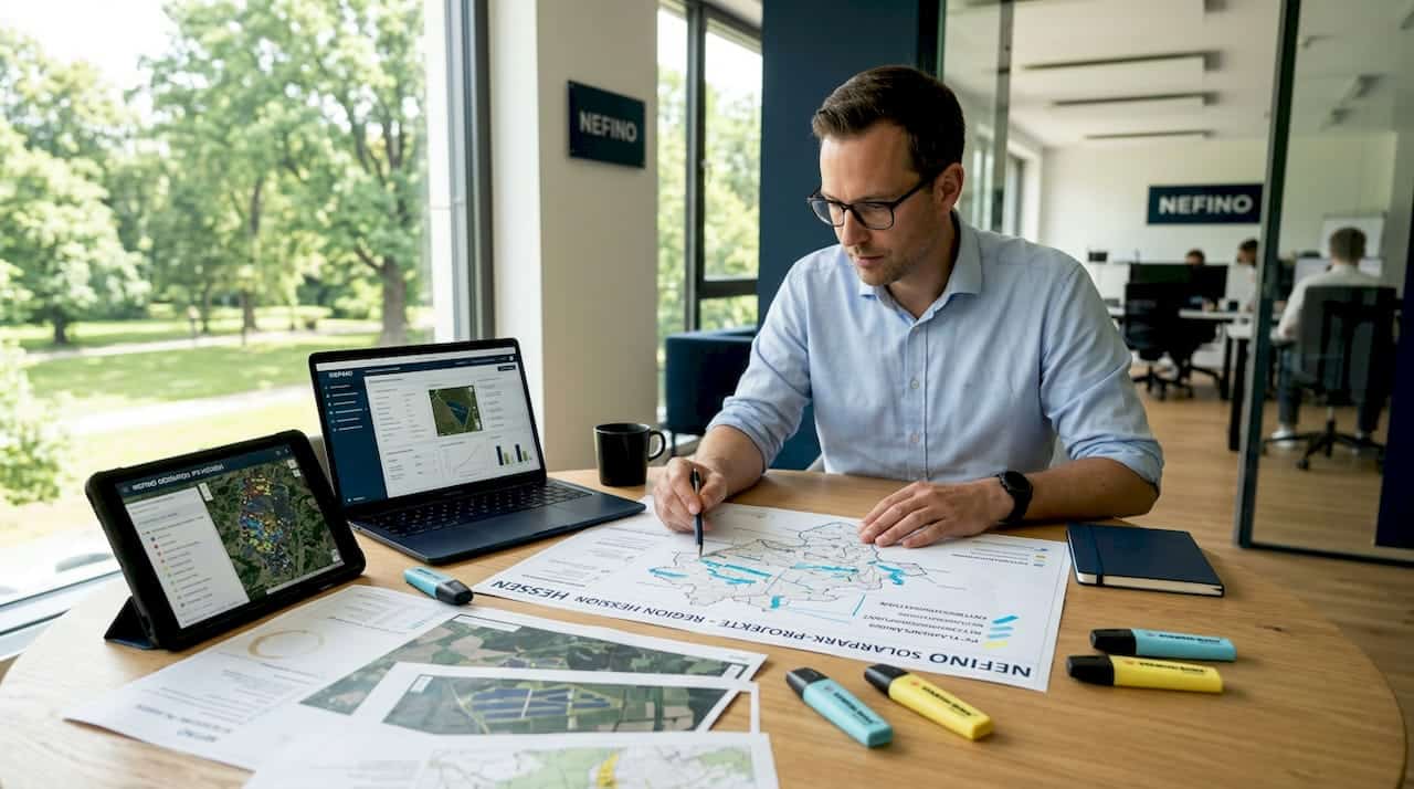 1780000410264_Project-manager-analyzing-solar-park-plans Ein Projektleiter prüft die Planungsunterlagen für einen Solarpark.