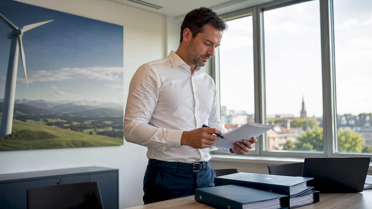Ein Experte vertieft sich unter dem Licht seiner Schreibtischlampe in die Feinheiten des Energierechts.