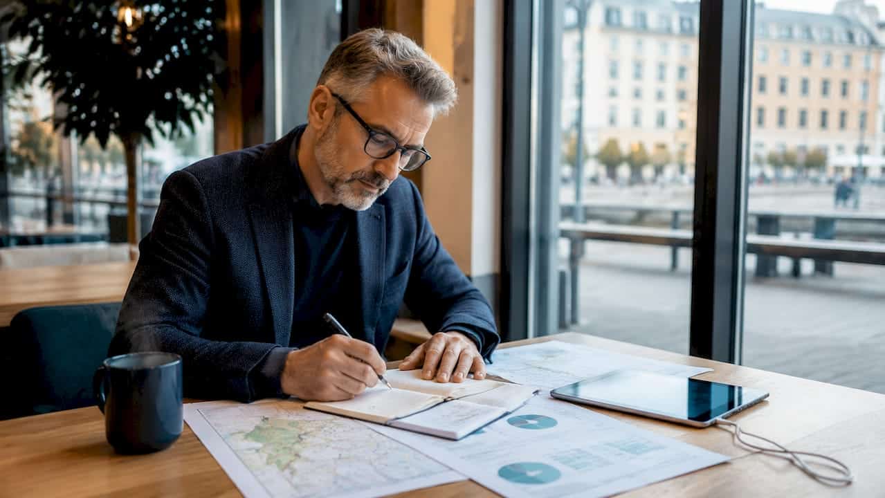 1781615349168_Projektplaner-arbeitet-an-Geodatenunterlagen-im-Buro Ein Projektplaner bearbeitet im Büro Unterlagen rund um Geodaten.