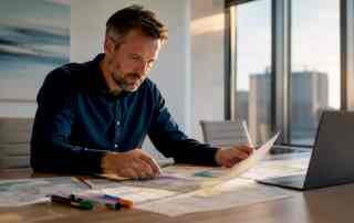 Ein Stadtplaner prüft Kartenmaterial und Geodaten direkt am Arbeitstisch.