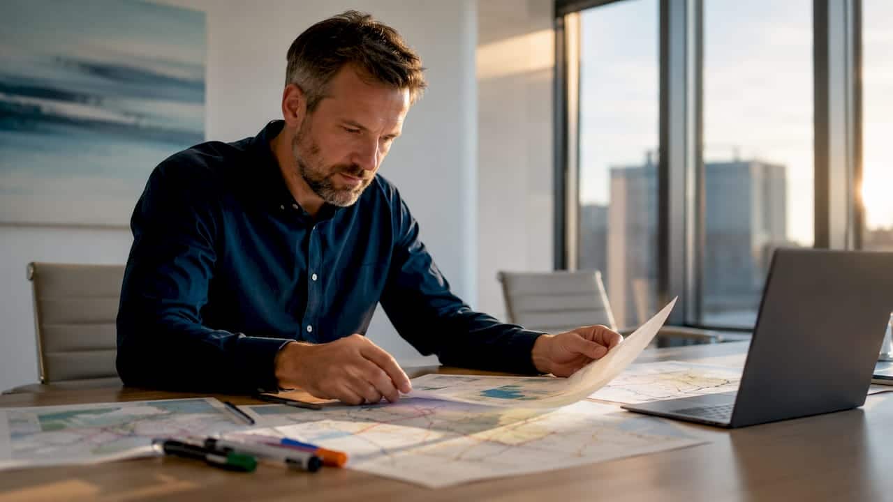 Ein Stadtplaner prüft Kartenmaterial und Geodaten direkt am Arbeitstisch.