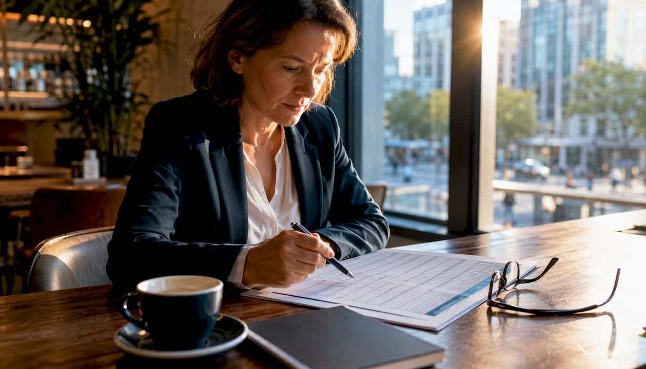 1784483480671_Businesswoman-reviewing-weighted-site-selection-matrix Geschäftsfrau prüft eine gewichtete Standortbewertungsmatrix.