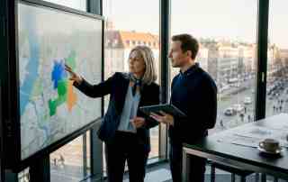 Ein Stadtplaner erläutert mithilfe einer digitalen Karte die Geodaten.