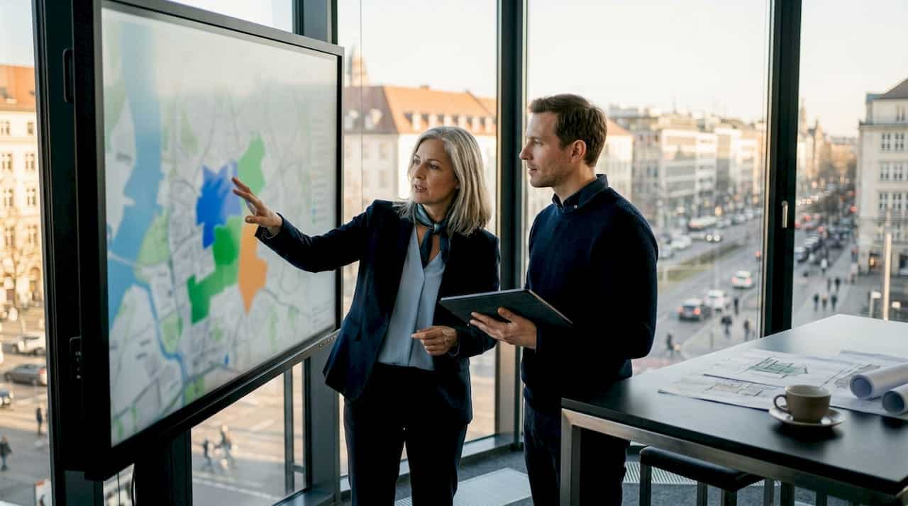 Ein Stadtplaner erläutert mithilfe einer digitalen Karte die Geodaten.
