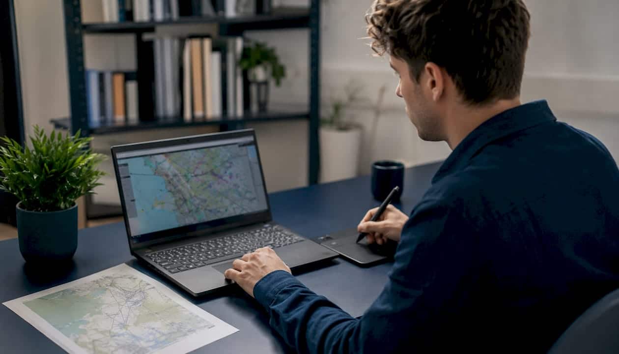 Hände arbeiten am Laptop mit digitalen Karten und einem Koordinatennetz.