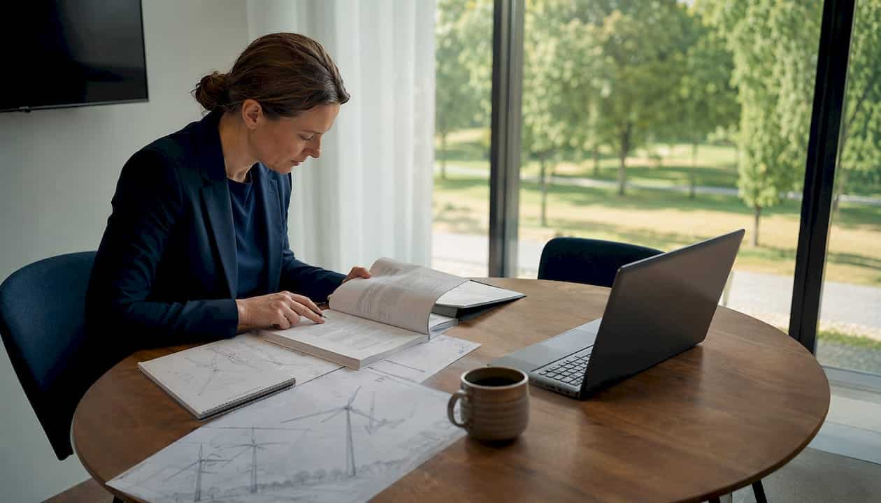 1785141271169_Planerin-arbeitet-an-Windkraft-Abstandsregelungen Eine Planerin beschäftigt sich mit der Ausarbeitung von Regelungen zum Mindestabstand von Windkraftanlagen.