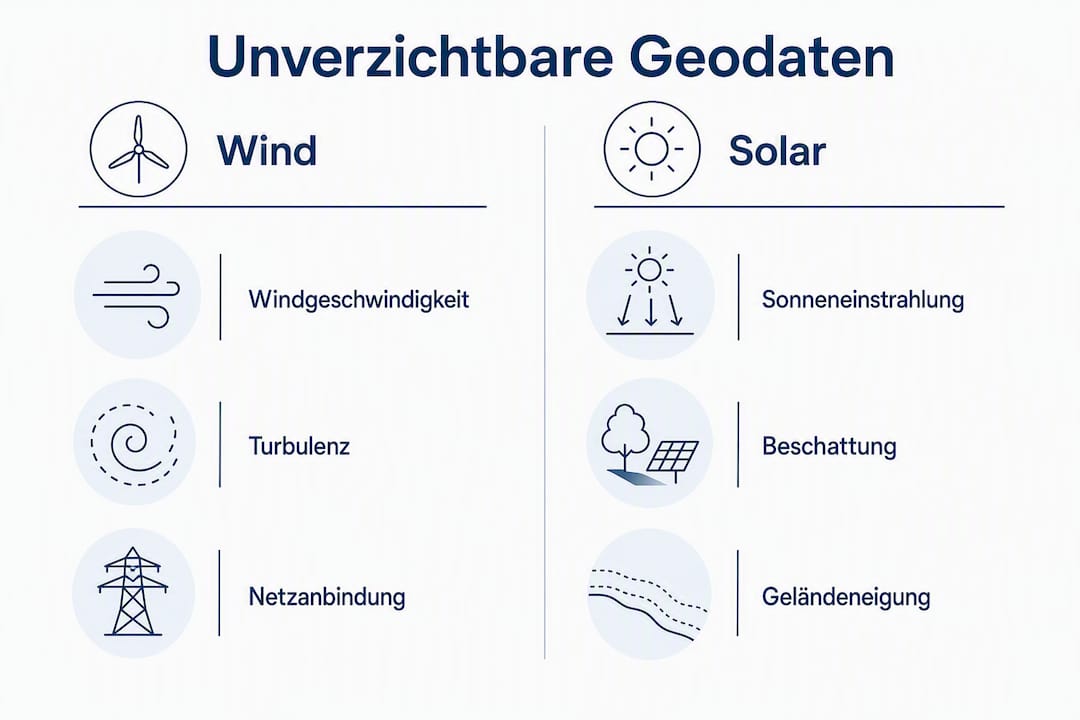 Eine anschauliche Infografik präsentiert die wichtigsten geografischen Daten für Wind- und Solaranlagen auf einen Blick.