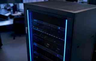 Ein Server-Rack leuchtet im Rechenzentrum in einem intensiven Blauton.