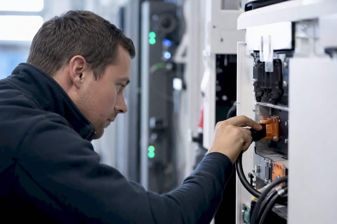 Hände verbinden Kabel an einem Batteriespeicher-Anschluss